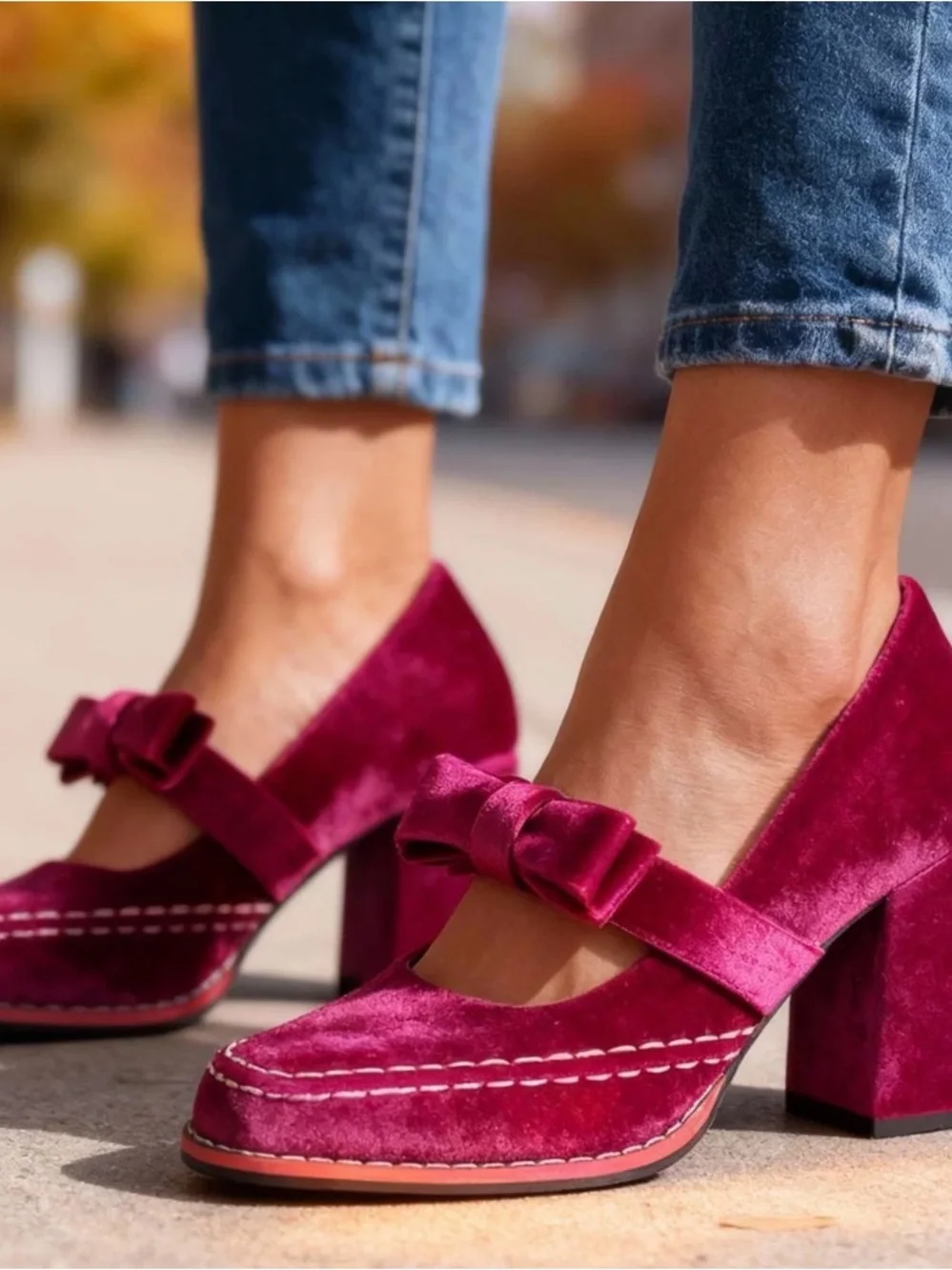 Velvet Mary Jane Pumps with Bow in Wine Pink